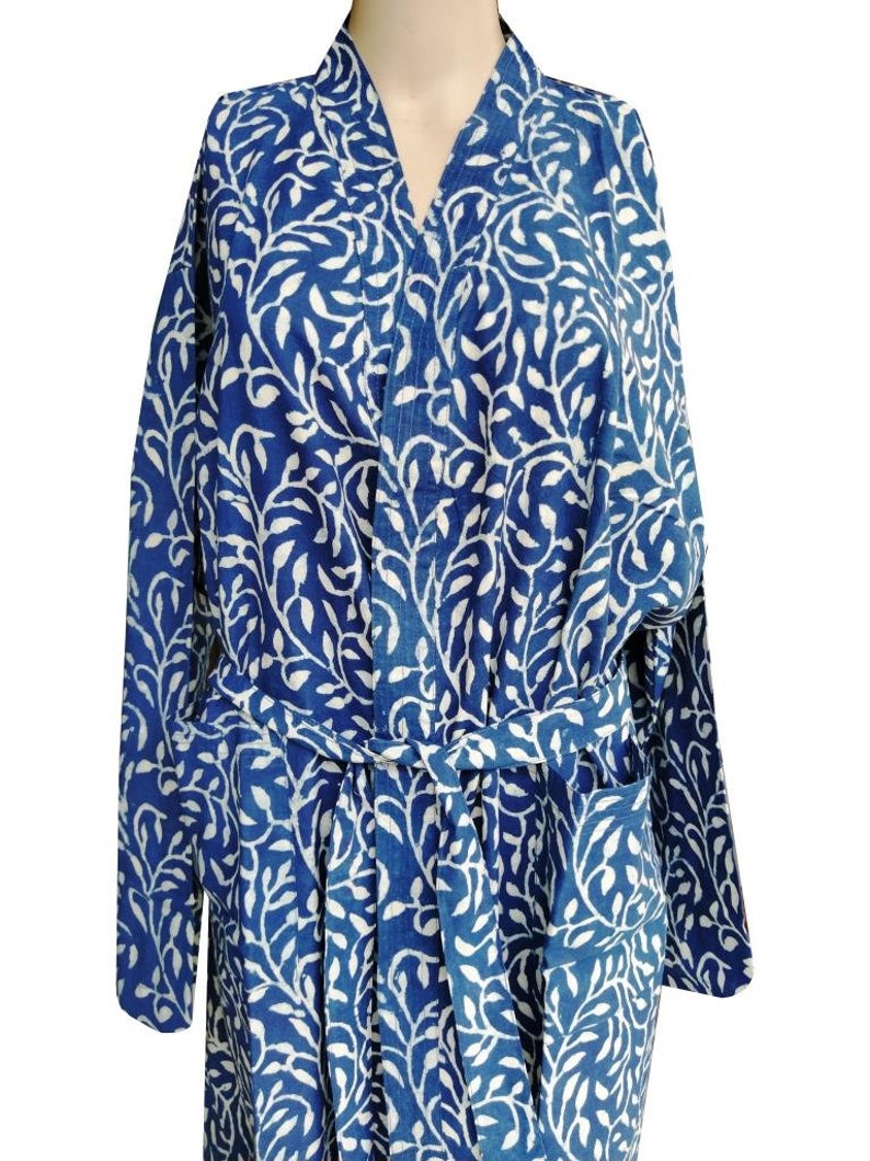 Hand Block Printed Kimono Robe Bathrobe Dressing Gown Hand Block Print Lightweight Cotton Robe Blue Robe Floral Print Summer Robe