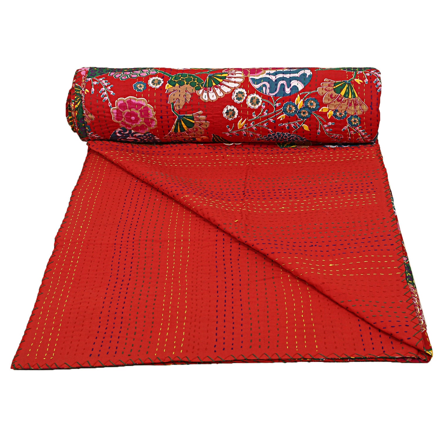 Red Floral Cotton Kantha Quilt Queen Size Bed Cover Handmade Etsy