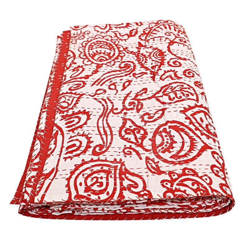 Indian Hand Block Queen Kantha Quilt Bohemian Bedding Bedspread Throw Blanket Hippie Floral Reversible Hand Stitches Block Print Quilts