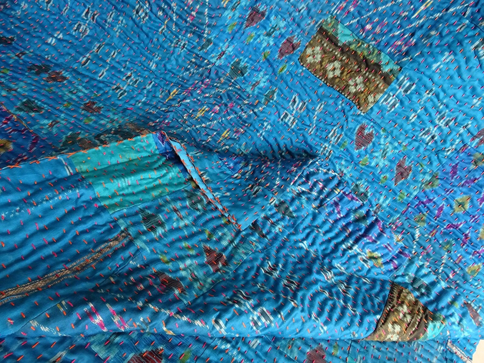 Silk Kantha Quilt With 2 Pillow Case Turquoise Silk Blanket Etsy