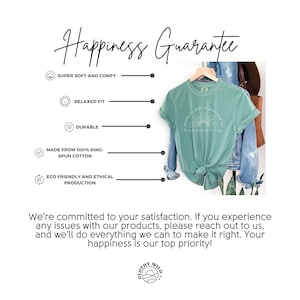 May include: A seafoam green t-shirt with the text "Sunshine for the soul, inspirational therapy" and a sunburst design. The shirt is hanging on a wooden hanger. The image also includes text about the product's features and a guarantee.