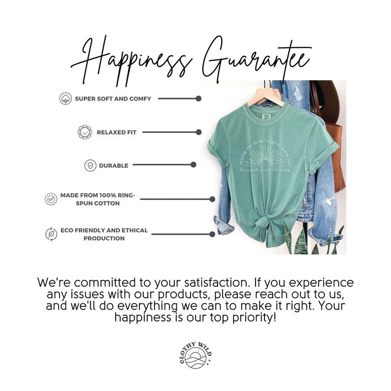 May include: A seafoam green t-shirt with the text "Sunshine for the soul, inspirational therapy" and a sunburst design. The shirt is hanging on a wooden hanger. The image also includes text about the product's features and a guarantee.