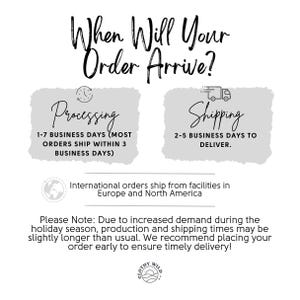 Puede incluir: Un gr&aacute;fico con el texto "When Will Your Order Arrive?" y dos cuadros con el texto "Processing" y "Shipping". El cuadro de procesamiento indica "1-7 d&iacute;as h&aacute;biles (la mayor&iacute;a de los pedidos se env&iacute;an dentro de los 3 d&iacute;as h&aacute;biles)". El cuadro de env&iacute;o indica "2-5 d&iacute;as h&aacute;biles para la entrega". El gr&aacute;fico tambi&eacute;n incluye texto que indica "Los pedidos internacionales se env&iacute;an desde instalaciones en Europa y Am&eacute;rica del Norte". El gr&aacute;fico tambi&eacute;n incluye texto que indica "Tenga en cuenta: Debido al aumento de la demanda durante la temporada navide&ntilde;a, los tiempos de producci&oacute;n y env&iacute;o pueden ser ligeramente m&aacute;s largos de lo habitual. Le recomendamos que realice su pedido con anticipaci&oacute;n para garantizar una entrega oportuna!"