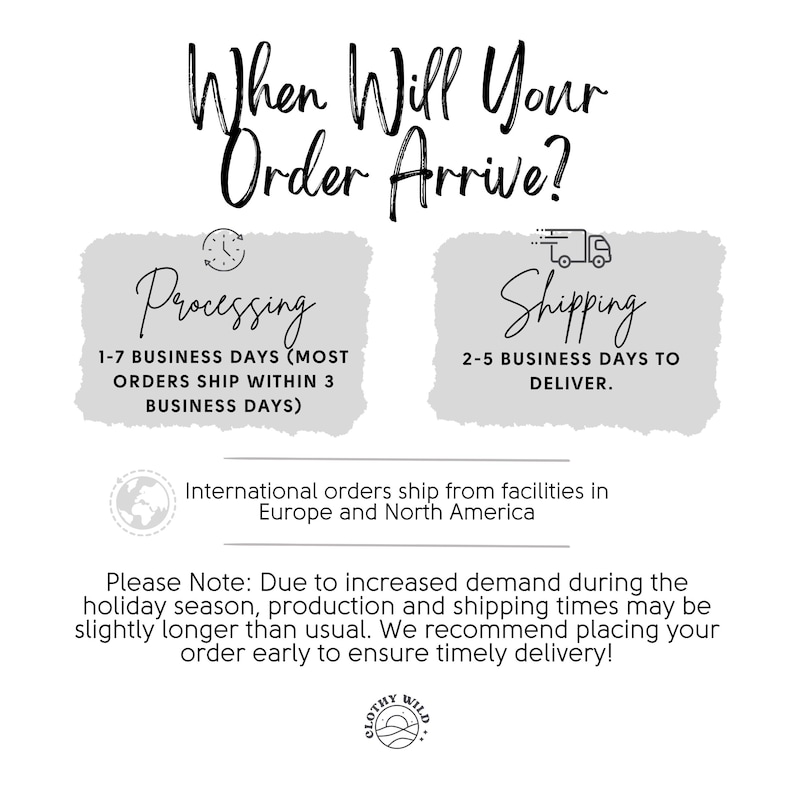 Puede incluir: Un gr&aacute;fico con el texto "When Will Your Order Arrive?" y dos cuadros con el texto "Processing" y "Shipping". El cuadro de procesamiento indica "1-7 d&iacute;as h&aacute;biles (la mayor&iacute;a de los pedidos se env&iacute;an dentro de los 3 d&iacute;as h&aacute;biles)". El cuadro de env&iacute;o indica "2-5 d&iacute;as h&aacute;biles para la entrega". El gr&aacute;fico tambi&eacute;n incluye texto que indica "Los pedidos internacionales se env&iacute;an desde instalaciones en Europa y Am&eacute;rica del Norte". El gr&aacute;fico tambi&eacute;n incluye texto que indica "Tenga en cuenta: Debido al aumento de la demanda durante la temporada navide&ntilde;a, los tiempos de producci&oacute;n y env&iacute;o pueden ser ligeramente m&aacute;s largos de lo habitual. Le recomendamos que realice su pedido con anticipaci&oacute;n para garantizar una entrega oportuna!"