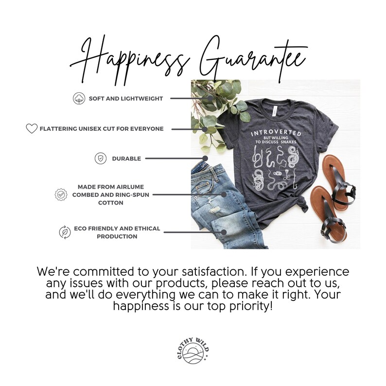 Puede incluir: Una camiseta gris oscuro con el texto "Introvertido pero dispuesto a hablar de serpientes" y un gr&aacute;fico de serpientes. La camiseta se muestra en una modelo con jeans y sandalias. La imagen tambi&eacute;n incluye un cuadro de texto con las palabras "Garant&iacute;a de felicidad" y una lista de caracter&iacute;sticas del producto.