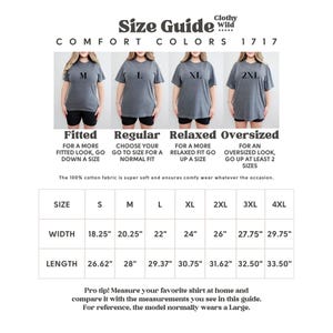 May include: Size guide for t-shirts, featuring size charts and fit recommendations. Includes measurements in inches for width and length across sizes S to 4XL. The guide also shows how the fit changes with different sizes.