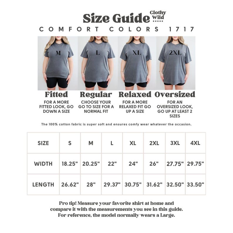 May include: Size guide for t-shirts, featuring size charts and fit recommendations. Includes measurements in inches for width and length across sizes S to 4XL. The guide also shows how the fit changes with different sizes.