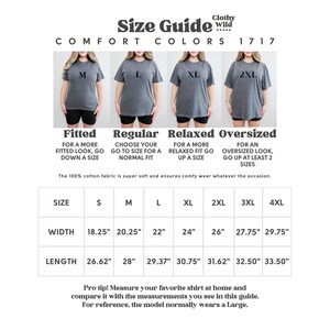 May include: Size guide for t-shirts, featuring size charts and fit recommendations. Includes measurements in inches for width and length across sizes S to 4XL. The guide also shows how the fit changes with different sizes.