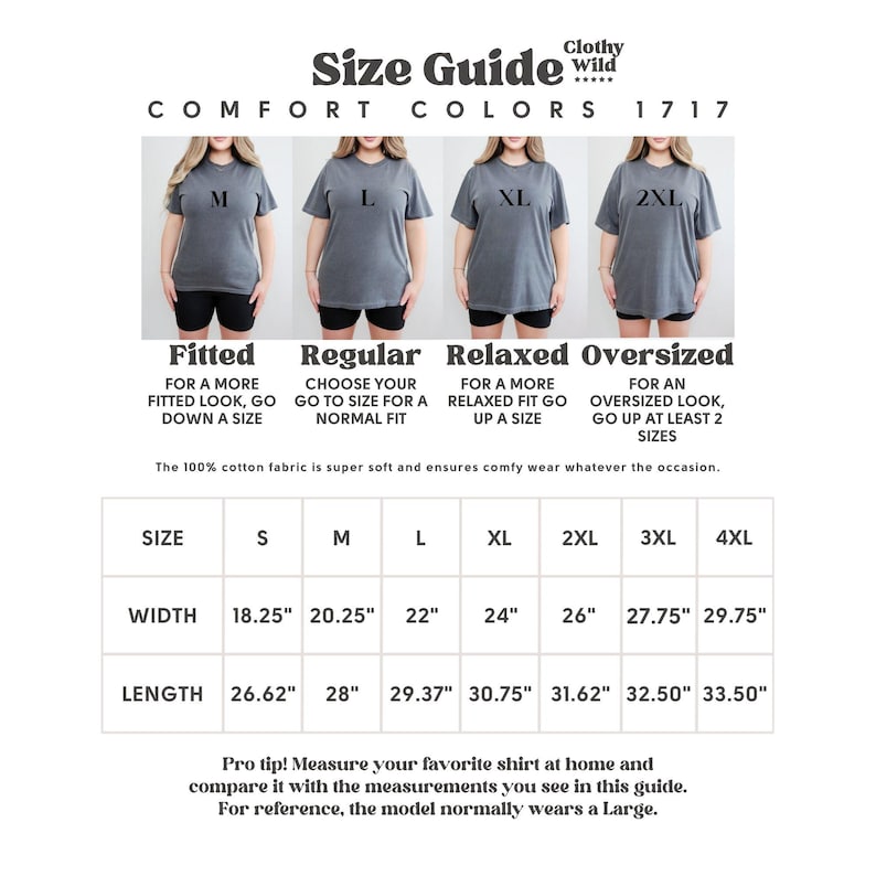 May include: Size guide for t-shirts, featuring size charts and fit recommendations. Includes measurements in inches for width and length across sizes S to 4XL. The guide also shows how the fit changes with different sizes.