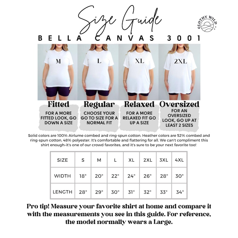 Puede incluir: Gu&iacute;a de tallas para camisetas Bella Canvas 3001, que muestra diferentes ajustes: ajustado, regular, relajado y de gran tama&ntilde;o. La tabla incluye medidas en pulgadas para el ancho y la longitud en las tallas S a 4XL.