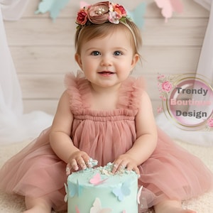 Puede incluir: Un bebé con un vestido rosa está sentado frente a un pastel azul claro decorado con mariposas recortadas. El bebé lleva una diadema floral y sonríe. El fondo incluye una pancarta que dice "Happy 1/2 Birthday".