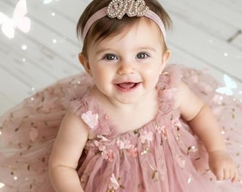 Dusty Rose Tulle 1st Birthday Dress, Cake Smash Outfit with Headband and Sash