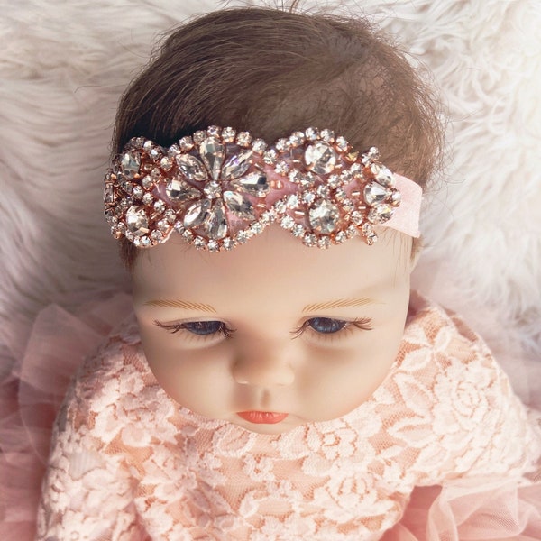 Baby Girl Headband blush , rose gold  rhinestones  Headband newborn ,Infants accessories, bridesmaid headband.