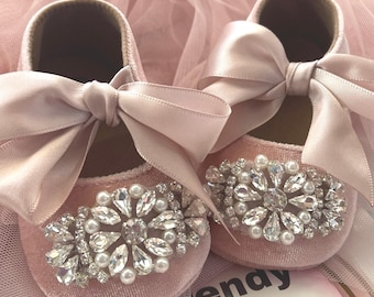 Baby Girl Shoes, Dusty Pink Velvet Crib Booties with Silver Rhinestones