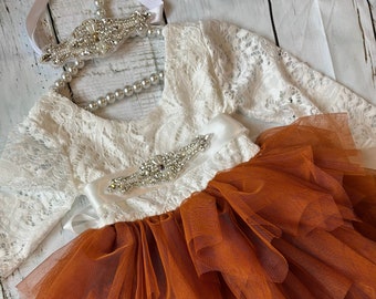 Burnt Orange Flower girl dress,  long sleeves Lace top,Baby toddler dress,tulle tutu  dress, holiday dress
