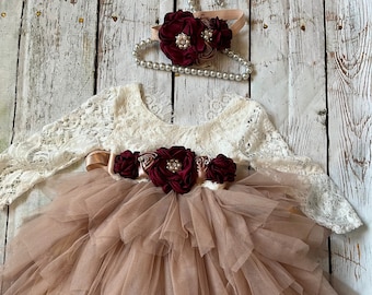 Girls Lace Flower Girl Dress, Burgundy Sash Tulle Tutu, Long Sleeve