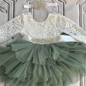 Sage Tulle Flower Girl Dress: Lace Top, Rhinestone Sash