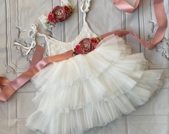 Vestido de niña de flores de encaje blanco, tutú de tul para bebé niña para fiesta de cumpleaños, boda, sesión de fotos