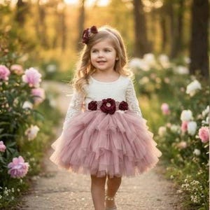 Blush Pink Flower Girl Dress: Lace Top, Burgundy Sash