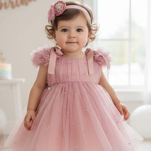 Dusty Mauve Tulle Flower Girl Dress,| Baby Girl Birthday Outfit, Wedding, First Communion,