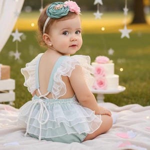 Broderad blommig turkos Romper - Photoshoot Cake Smash Outfit - Födelsedagsklänning.