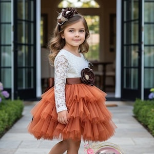 Burnt Orange Tulle Flower Girl Dress: Lace Top, Long Sleeves