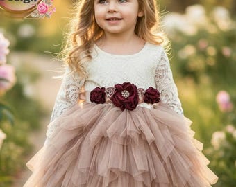 Blush Pink Flower Girl Dress: Lace Top, Burgundy Sash
