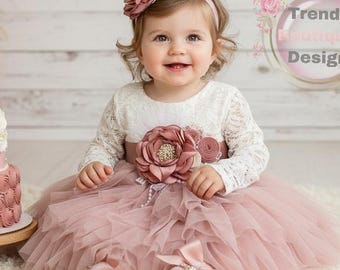 Dusty Pink Tulle Flower Girl Dress: White Lace Long Sleeves