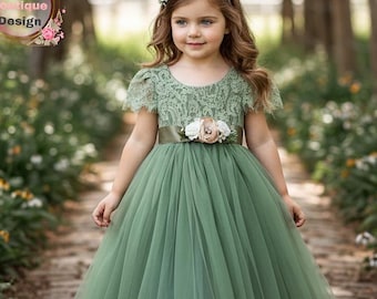 Salbei Grünes Spitzen Blumenmädchen Kleid: Tüll Tutu Urlaub Hochzeit