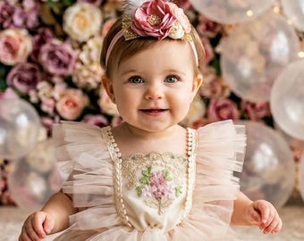 Pink-Cream Lace  floral Romper, First Birthday, Cake Smash, Baby Shower Gift.