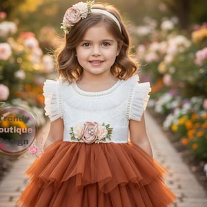 Burnt Orange Tulle Flower Girl Dress: Lace Top, Pearls, toddler tutu dress.