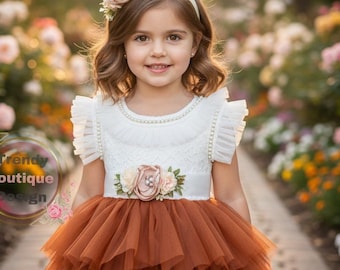 Burnt Orange Tulle Flower Girl Dress: Lace Top, Pearls, toddler tutu dress.