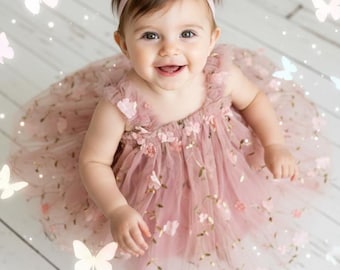 Dusty Rose Tulle 1st Birthday Dress, Rose Gold Headband