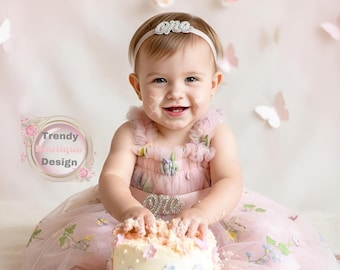 First Birthday Dress, Pink Floral Embroidered Tulle with One Sash and Headband