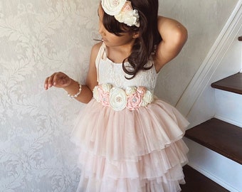 Champagne Flower girl dress, 1ers birthday dress, Lace top,Baby  toddler dress,tulle tutu flower girl dress, holiday dress