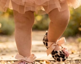 Leopard Print Baby Shoes: Dusty Pink Rosette, Soft Sole Booties