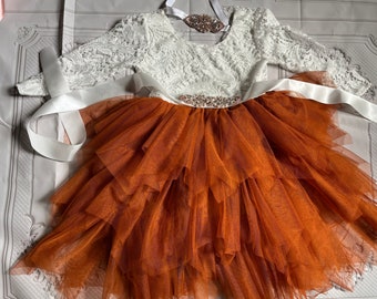 Burnt Orange Flower girl dress,  long sleeves Lace top,Baby toddler dress,tulle tutu  dress, holiday dress