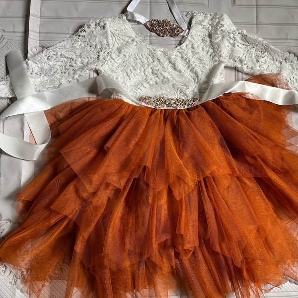 Burnt Orange Flower girl dress,  long sleeves Lace top,Baby toddler dress,tulle tutu  dress, holiday dress