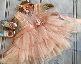 May include: A pink tulle dress with a satin ribbon and a flower embellishment. The dress has feather trim on the shoulders and comes with a matching headband.