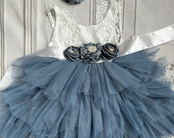 Dusty blue flower girl dress,  Lace tulle dress , 1er Birthday dress,  toddler dress,tulle tutu flower girl dress,flower belt  sash