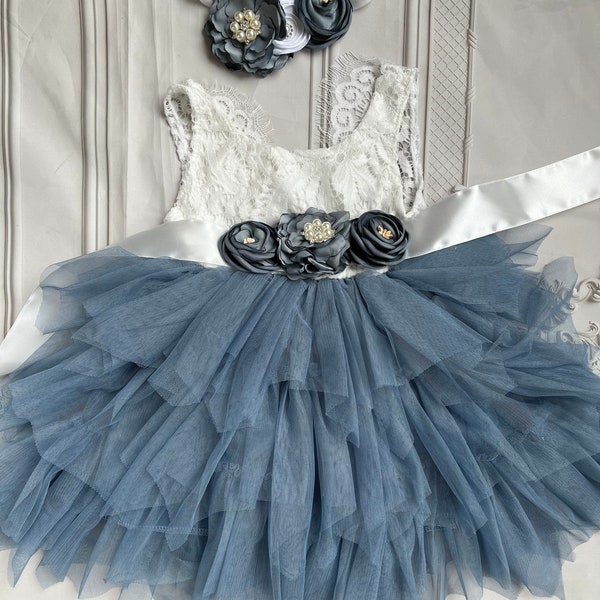 Dusty blue flower girl dress,  Lace tulle dress , 1er Birthday dress,  toddler dress,tulle tutu flower girl dress,flower belt  sash