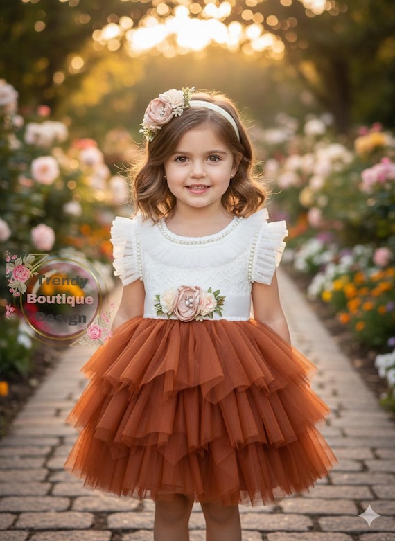burnt orange tutu dress Burnt Orange Flower Girl Dress: Long Sleeve Lace Top, Tulle Tutu