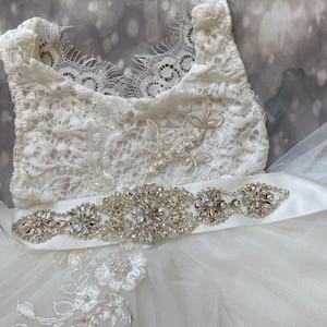 White Lace Flower Girl Dress: Tulle Tutu, Rhinestone Sash