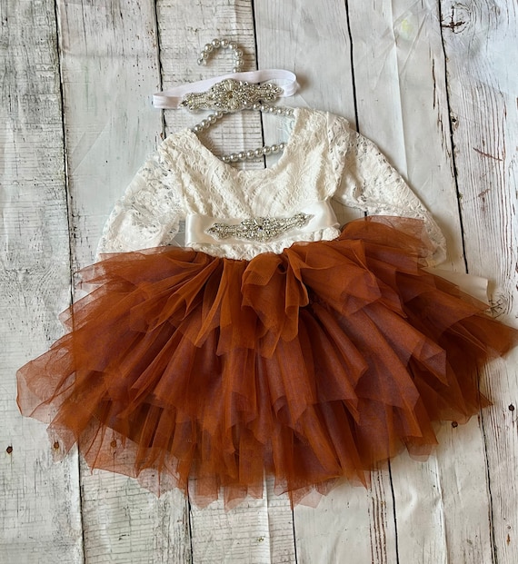 Burnt Orange Flower Girl Dress: Long Sleeve Lace Top, Tulle Tutu