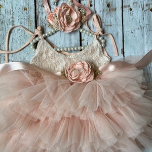 Blush -peach  Flower girl dress, birthday party dress, ,Baby toddler dress, tulle tutu  cake smash baby girl dress,flower sash dress