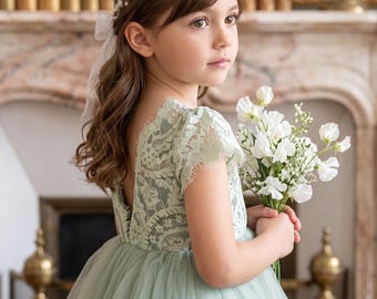 Sage Green Lace Flower Girl Dress: Tulle Tutu Holiday Wedding