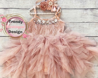 Dusty pink blush .flower girl dress,  Feathers top,Baby  toddler dress,tulle and feathers , girl wedding dress