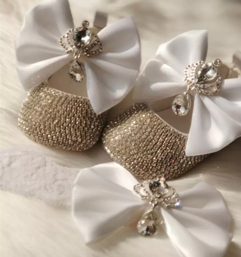 Baby girl shoes and headband set Custom rhinestones white baby shoes,Newborn Baby christenings shoes gift set afbeelding 2