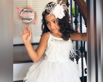 White  flower girl dress,  Feathers top,Baby  toddler dress,tulle and feathers , girl wedding dress