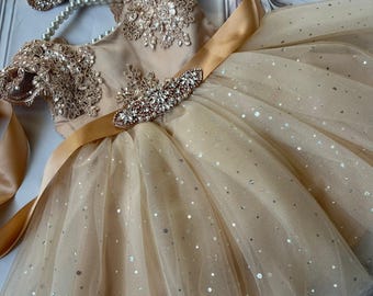Gold Tulle Dress, Sequin Lace Bodice with Rhinestone Details